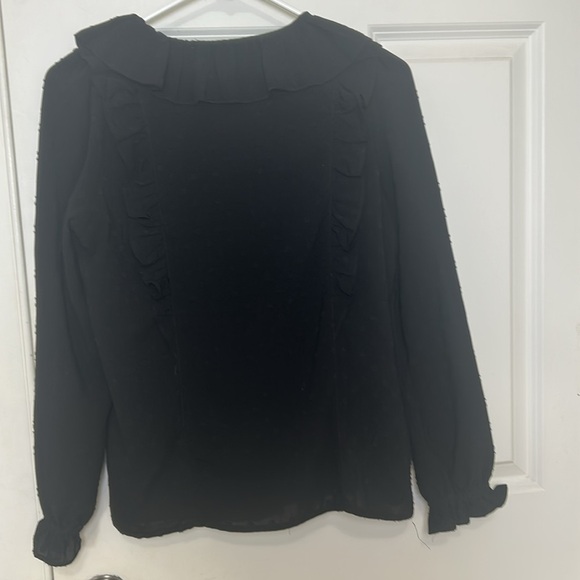 LOFT Solid Black Dot Swiss Long Sleeve Ruffle Detail Top size small petite - Picture 4 of 6
